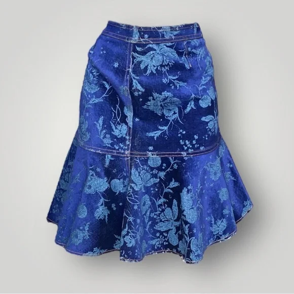 Roberto Cavalli Floral Blue Denim Skirt